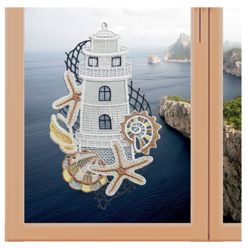 Fensterdeko Baddeko Spitzenbild Fensterbild Leuchtturm Plauener Spitze maritim 