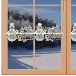 Feenhaus-Scheibengardine Schneemann mit Schlitten Plauener Spitze am Fenster