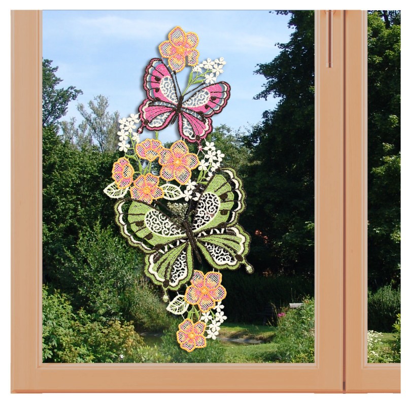 Fensterbild Frühling Mariposa mit Schmetterlinge Plauener Spitze am Fenster