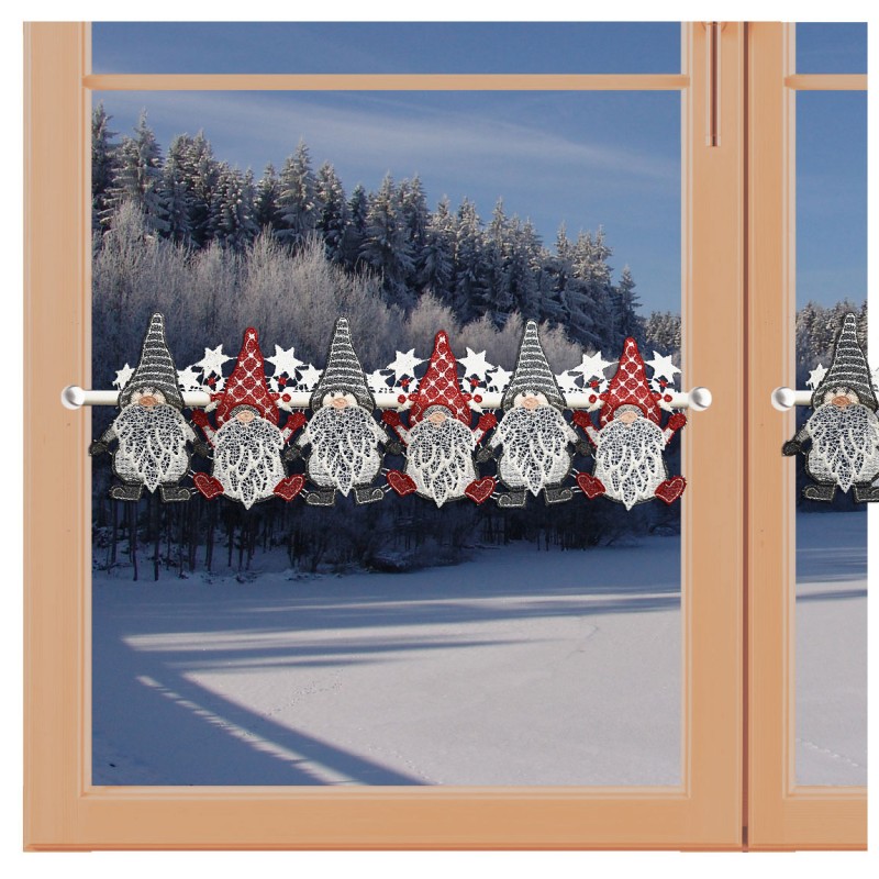 Feenhaus-Spitzenkante Schneewichtel mit rot-grau Plauener Spitze Weihnachtsdeko